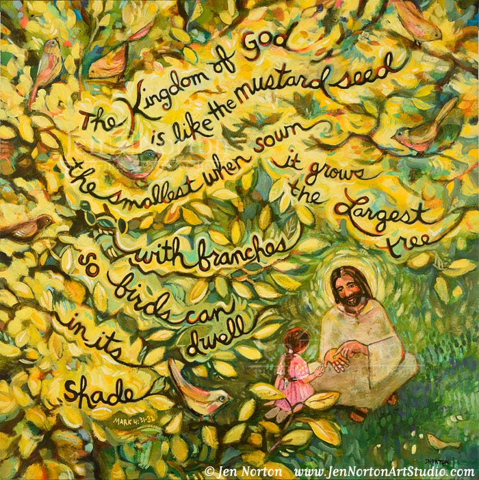 A painting of birds nesting in a blooming mustard bush with Jesus and a child underneath. The text of the mustard seed parables is woven in the branches.