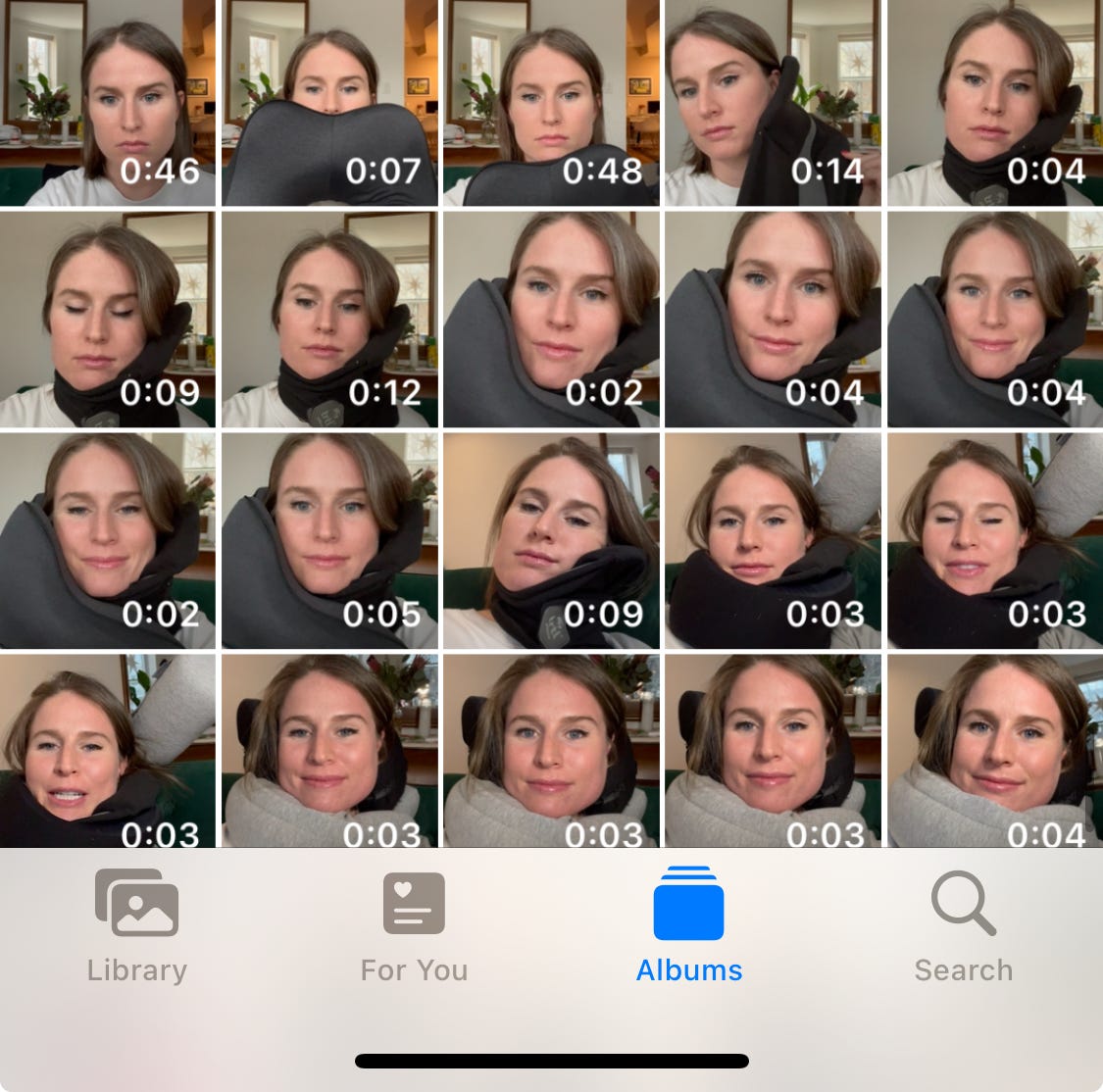 A screenshot of the deleted outtakes on the author's IPhone from shooting a video of testing neck pillows.