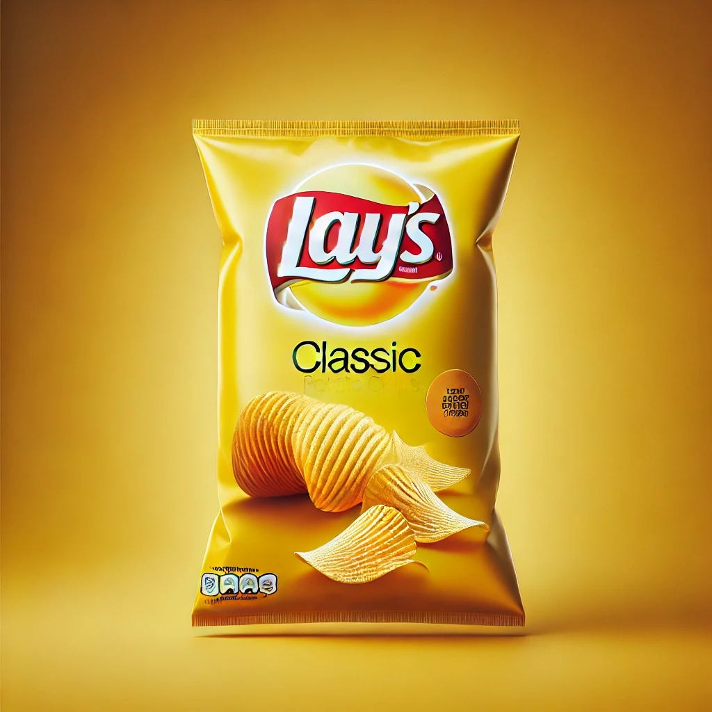 A bag of Lay's Classic Potato Chips with a bright yellow background, featuring the Lay's logo prominently on the front, with an image of crispy golden potato chips spilling out of the bag. The bag should be placed on a clean, flat surface with no other distractions in the background, showcasing the iconic packaging design.