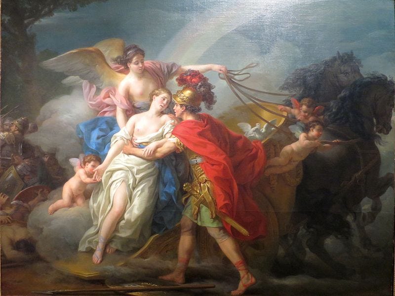 color photograph of an oil painting with three main figures in the center: a winged goddess rescuing a semi nude Aphrodite from a warrior in arms