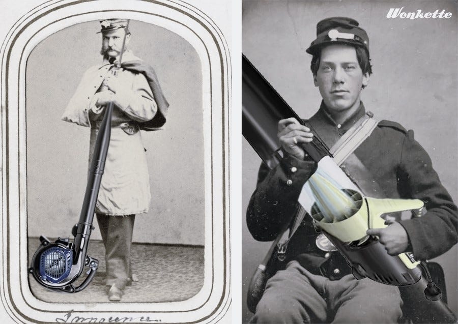 Wonkette photoshop of civil war photos, showing a confederate soldier standing with a gas leaf blower, his hands grasping its 'barrel.' and a Union soldier cradling an electric leaf blower like a rifle.
