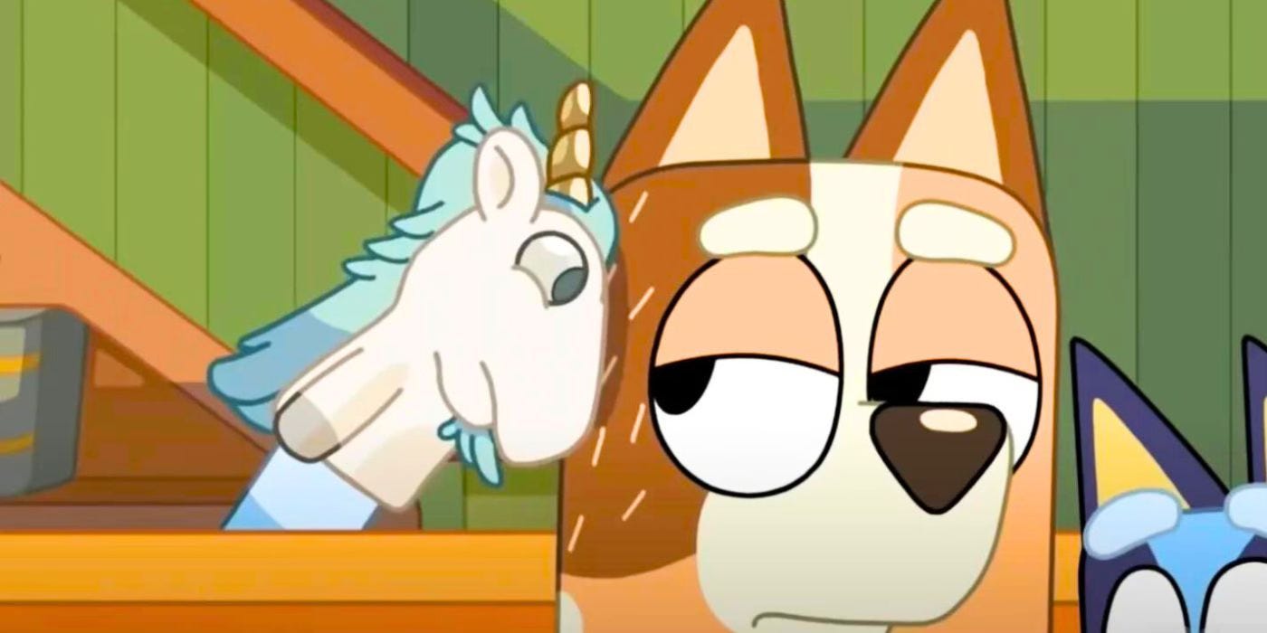 This episode of Bluey is called: Chili side eyes Unicorse as the puppet Unicorse pushes his forehead against her face.