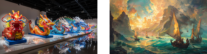 Two side-by-side images: the left shows a row of colorful, illuminated dragon sculptures in a gallery; the right shows a painting of boats sailing on a vivid, turquoise sea with dramatic, mountainous scenery in the background.