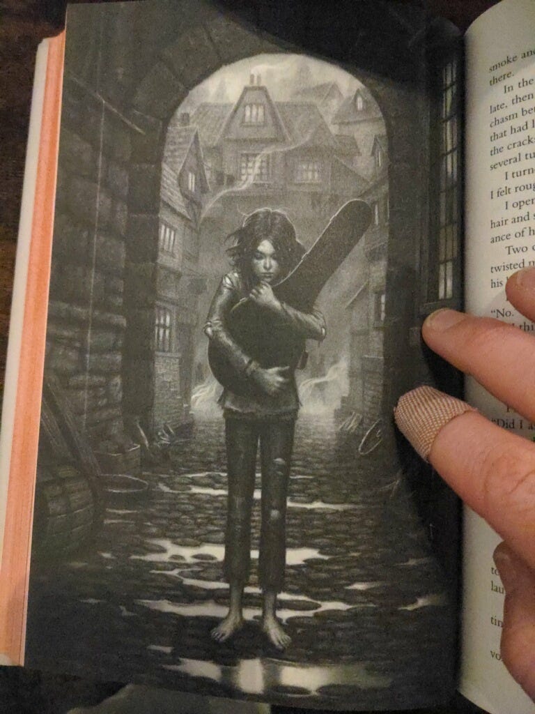 Black and white illustration: a lost boy clutches a lute case to his chest, surrounded by a seedy, scary old-time city