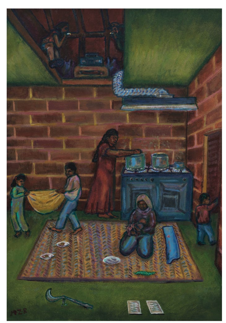 Painting of a bustling Bangladeshi kitchen