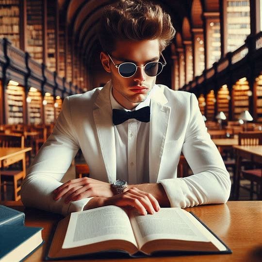 A young man deep in study at an Oxford University library. Make him well dressed and good looking. He has an open book in front of him and is staring out into space with pit viper sunglasses on his face. Afbeelding 2 van 4