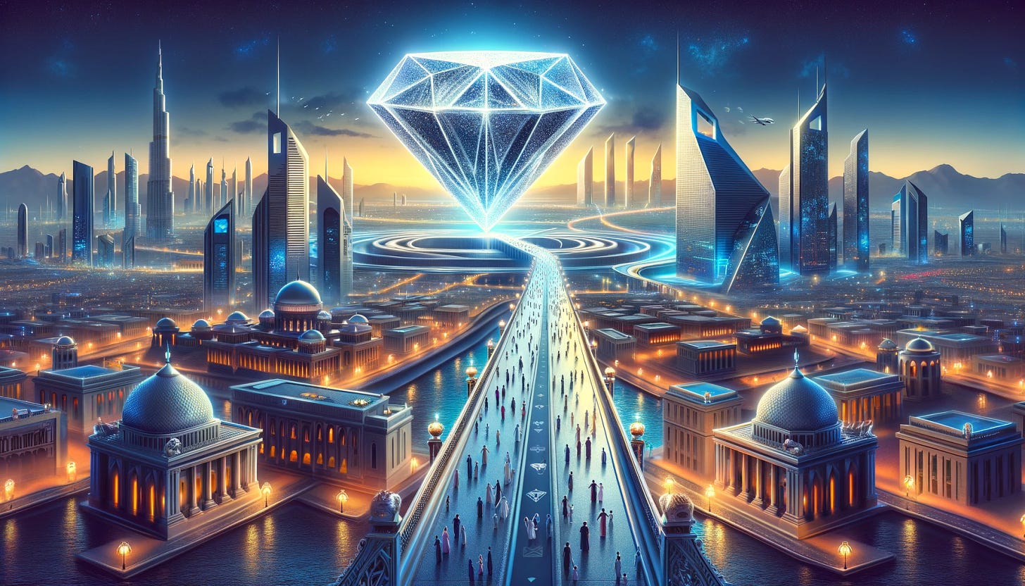 Visualize Project Diamond as a majestic bridge spanning between the traditional financial world and the innovative realm of digital assets. The bridge is crafted from shimmering, diamond-like structures, symbolizing strength, clarity, and the high value of secure asset tokenization. On one side, the classic financial district with its grand banks and institutions. On the other, a futuristic cityscape representing the digital asset community. The bridge is bustling with diverse people, moving back and forth, symbolizing the seamless and regulated transfer of assets. Above this scene, the sky glows with the words 'Project Diamond: Pioneering Global Standards in Asset Tokenization,' casting a hopeful light over Abu Dhabi, the beacon of this revolutionary movement.