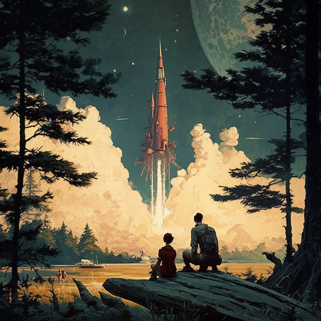 Rocketship landing on an alien world, sulfer trees, painted by Norman Rockwell