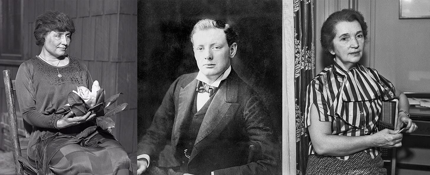A middle aged woman in a long sleeved formal dress, seated, holding a wide flower with leaves; a young man in early 20th century bowtie and suit garb with slicked back hair; an older woman seated in a mid-20th century striped blouse and patterned wool dress.