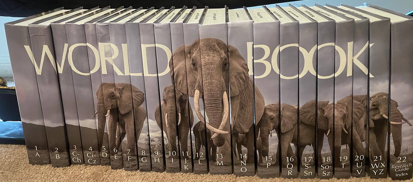 Complete set of the 2020 World Book Encyclopedia. The spines across the 22 volumes make a picture of elephants sanding in a field with a turquoise sky. The brand name World Book is spelled out in white letters across the tops of the spines.