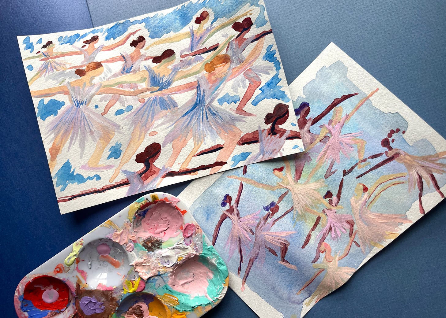 Two small mixed media sketches and a messy paint palette. The sketches show groups of ballerinas in unison motion.