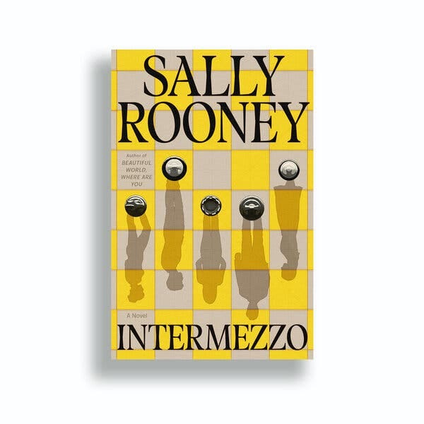 The book cover for “Intermezzo” is a gray and yellow chess board with five pieces. The shadows of the pieces are of people.