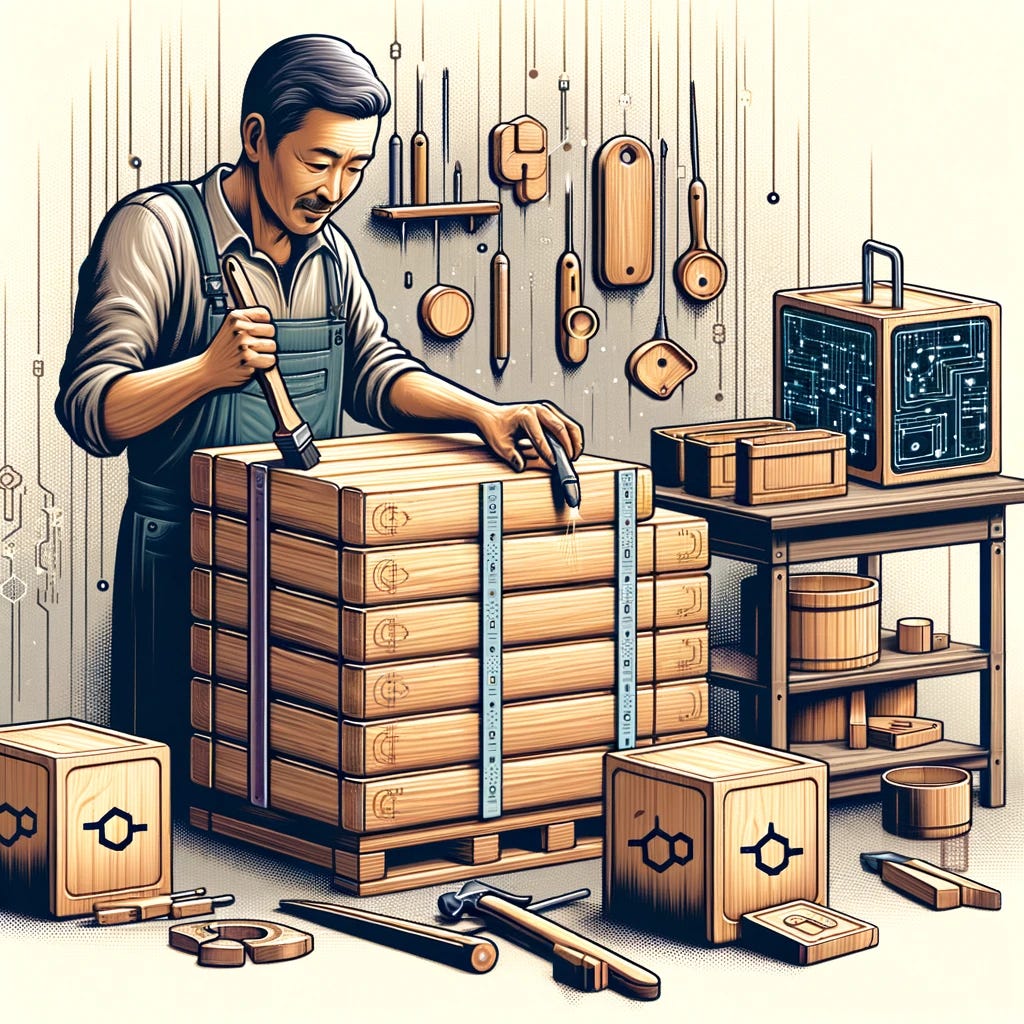 A creative illustration of a carpenter crafting wooden containers, metaphorically alluding to Karpenter and Kubernetes. The carpenter, an Asian male, is skillfully working in a well-equipped workshop. He's using various tools to build and assemble wooden containers, each marked with symbols representing Kubernetes. The scene subtly incorporates digital elements, like circuit patterns on the containers, blending traditional woodworking with modern technology. This represents the idea of Karpenter managing Kubernetes clusters, portrayed in a whimsical, yet meaningful way.