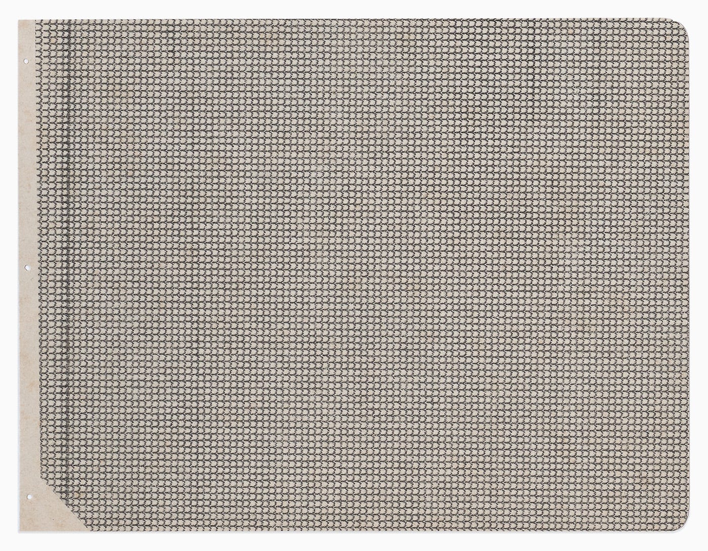 Victoria Burge, Graphs & Grids, (detail), (typewritten ink on paper in 11 parts, accompanied by an enclosure of binder’s board with foil stamp in two parts and a paper folder; installation dimensions are variable), 2023 [Krakow Witkin Gallery, Boston, MA. © Victoria Burge]