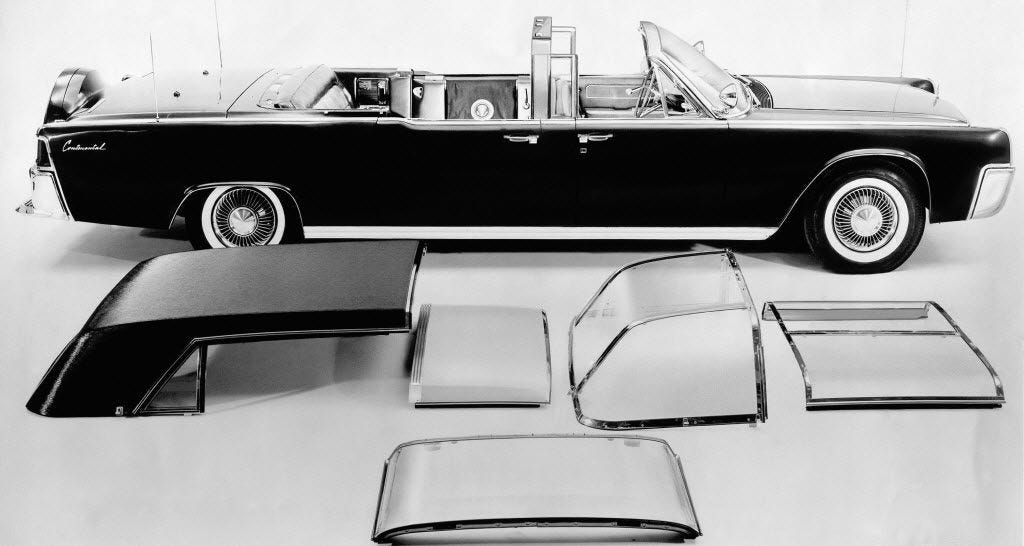 President Kennedy's limousine, with transparent roof for rear, middle and front compartments. Optional fabric roof-covering combinations not shown. (Ford Motor Company/AP, June 1961)