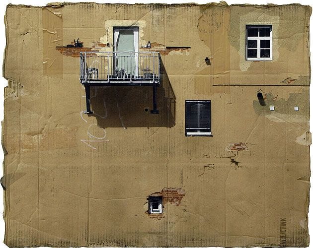 This may contain: an old building with windows and balconies painted on it's exterior wall