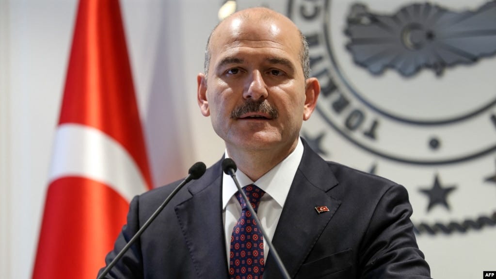 FILE - Turkish Interior Minister Suleyman Soylu speaks at a press conference in Ankara, April 22, 2019.