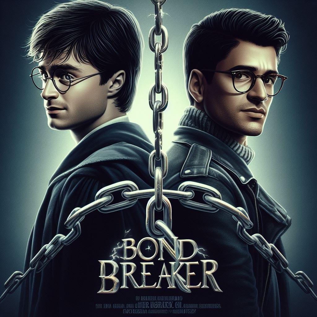 Fantasy movie key art, with a title saying "BOND BREAKER" in the Harry Potter font. Two figures are linked together by a chain. Harry Potter, wearing a Hogwarts robe, has a chain linking him to a second party in the back of the shot, wrapped around them both. The second figure is a young italian man with dark hair wearing rectangular glasses and a dark grey jacket.