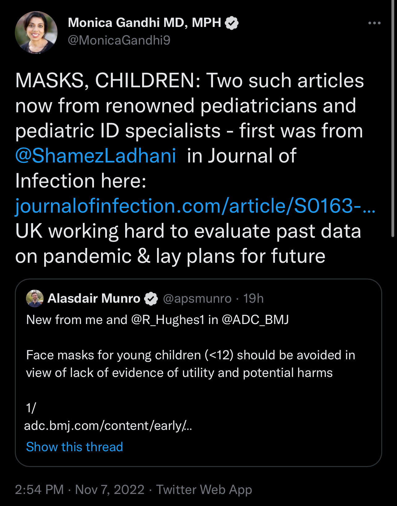 monica boosts two terrible articles from frequently incorrect pro-viral infulencers about how PPE somehow harms kids