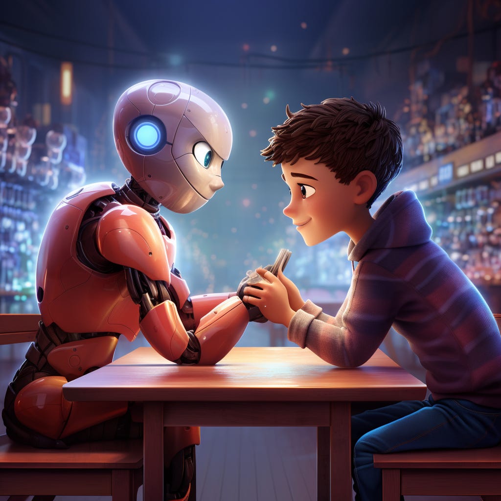 A robot and a boy having an arm wrestle