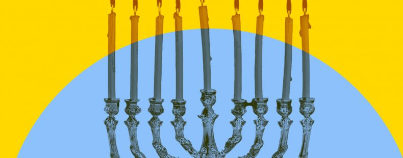 menorah; blue yellow background