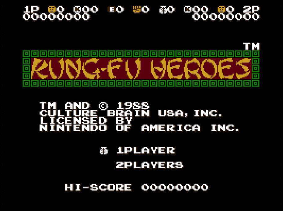 A screenshot of the title screen from the NES version of Kung-Fu Heroes, featuring the logo (which changes colors over time), as well as the typical copyright info, and the choice between one or two players.
