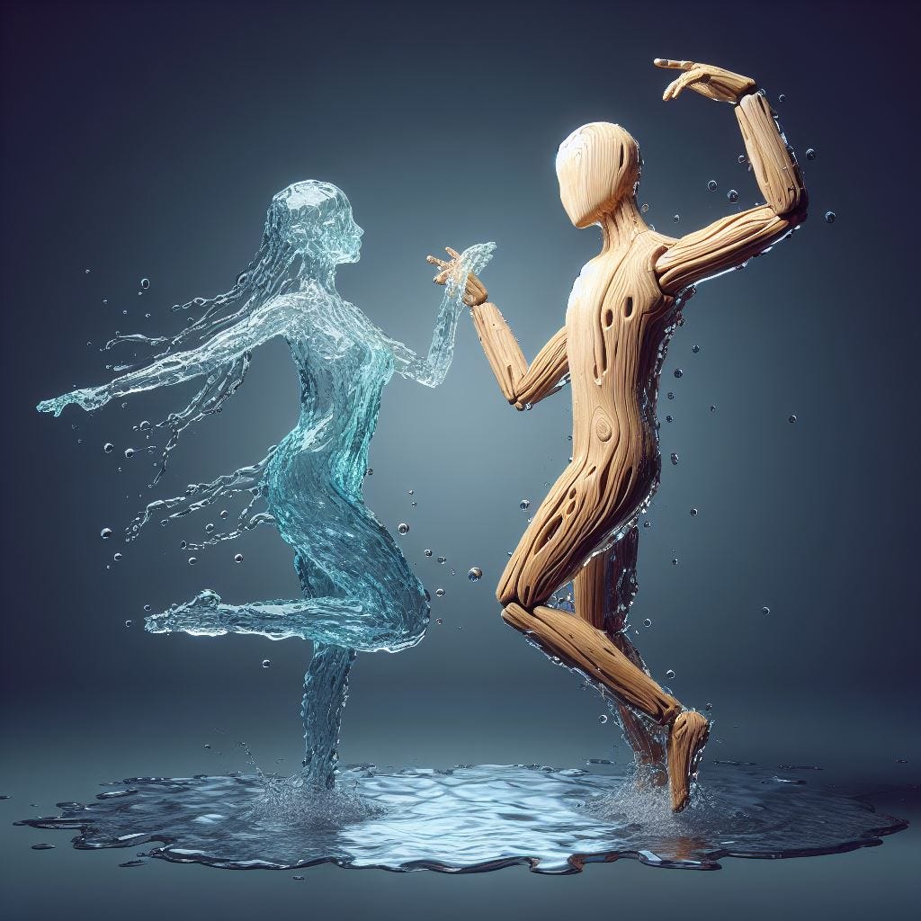Dancing water and wood. Image by Bing.