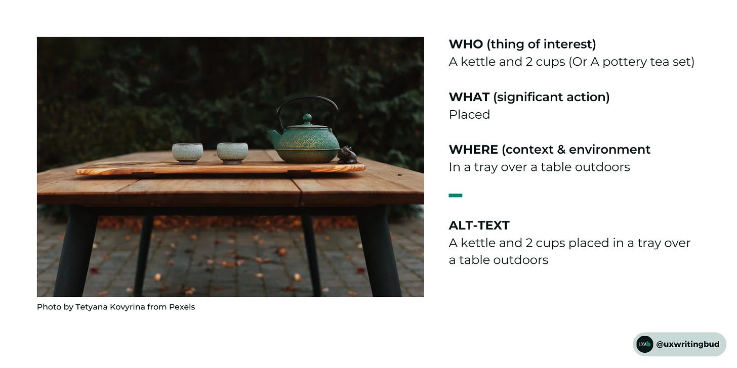 As per the alt-text string of who, what and where, who or thing of interest in this example image is a kettle and 2 cups (or a pottery tea set)  What or significant action is placed  Where or context & environment is in a tray over a table outdoors  So the alt-text for the image is A kettle and 2 cups placed in a tray over a table outdoors