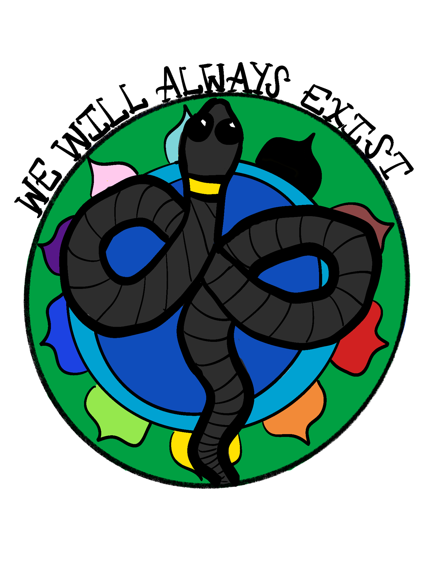 Digital drawing of a black snake with the words "we will always exist" on top.
