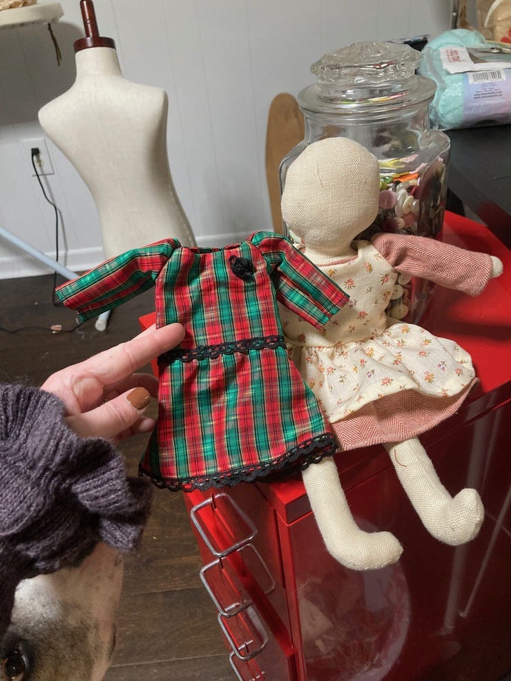 Matching dolly dresses for my niece from fabric scraps I saved!