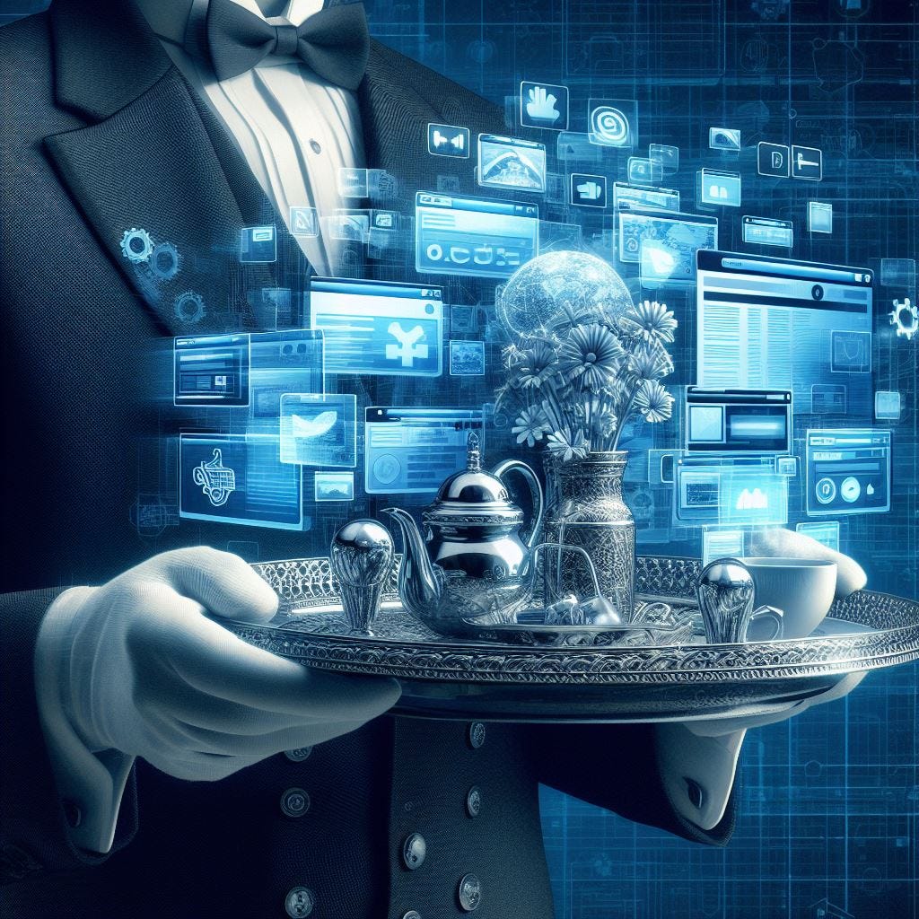 Digital Art style, A butler holding a silver tray with various website screens on it