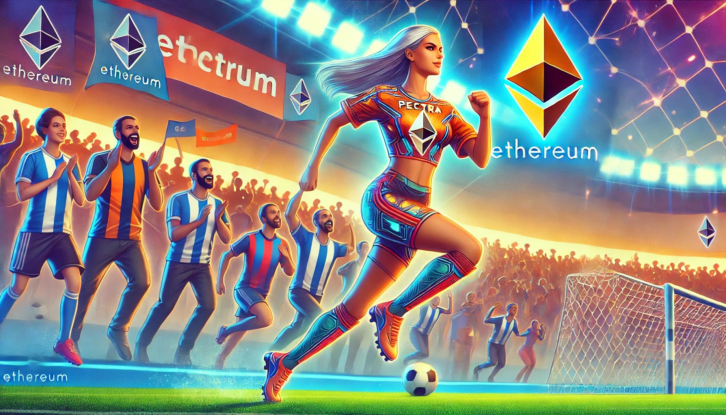 A vibrant and exciting banner-style illustration showing a group of enthusiastic Ethereum fans cheering passionately. In the center of the scene, a captivating and sensual female soccer player named Pectra is sprinting dynamically toward the goal, ready to score. She wears a modern and sporty soccer uniform that incorporates Ethereum-themed colors and symbols, with her name 'Pectra' clearly displayed on the back of her jersey. The background includes a brightly lit stadium with a roaring crowd, creating a high-energy atmosphere. The focus is on Pectra's confident and determined expression as she leads the charge, with Ethereum fans waving flags and holding banners in support.