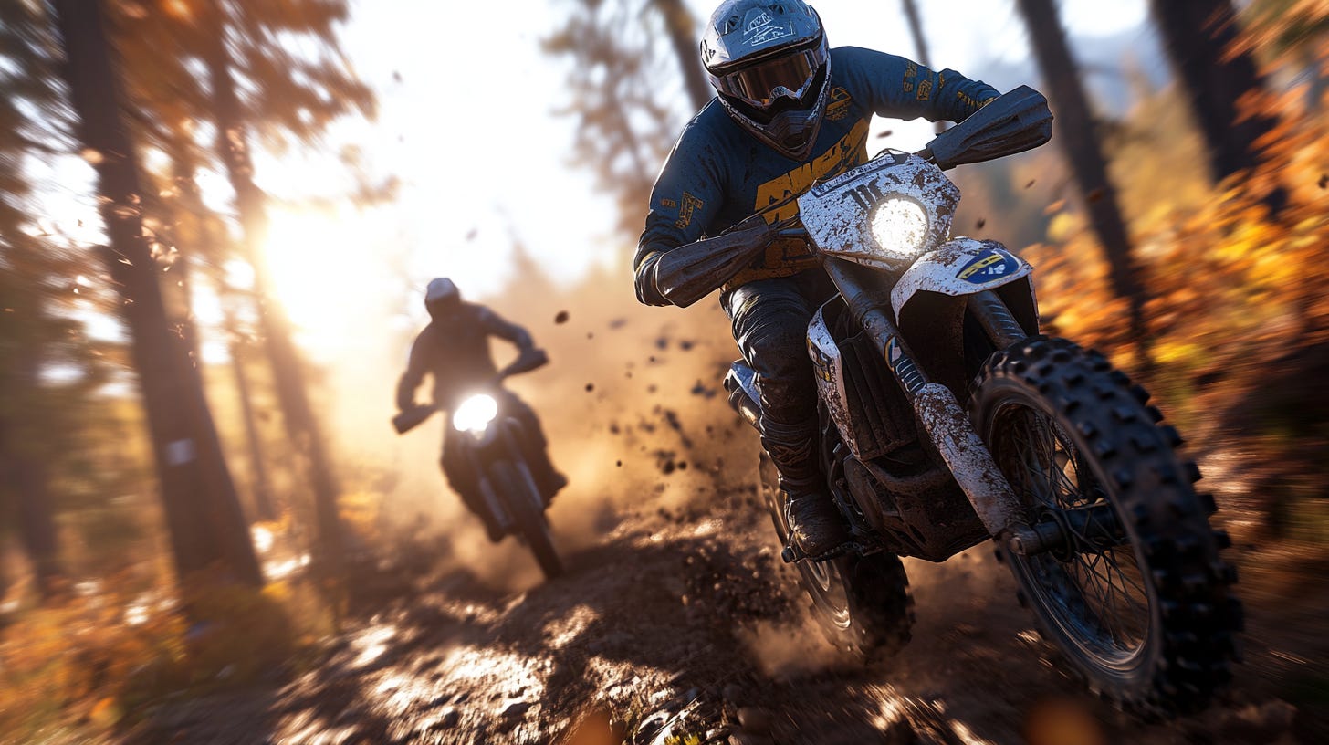 Two motorcyclists race through a sunlit forest trail, with the leading rider dressed in a blue-and-yellow motocross outfit, gripping the handlebars of a sporty dirt bike. The second rider follows in the background as sunlight streams through the trees, illuminating the orange-brown dirt and scattered leaves.