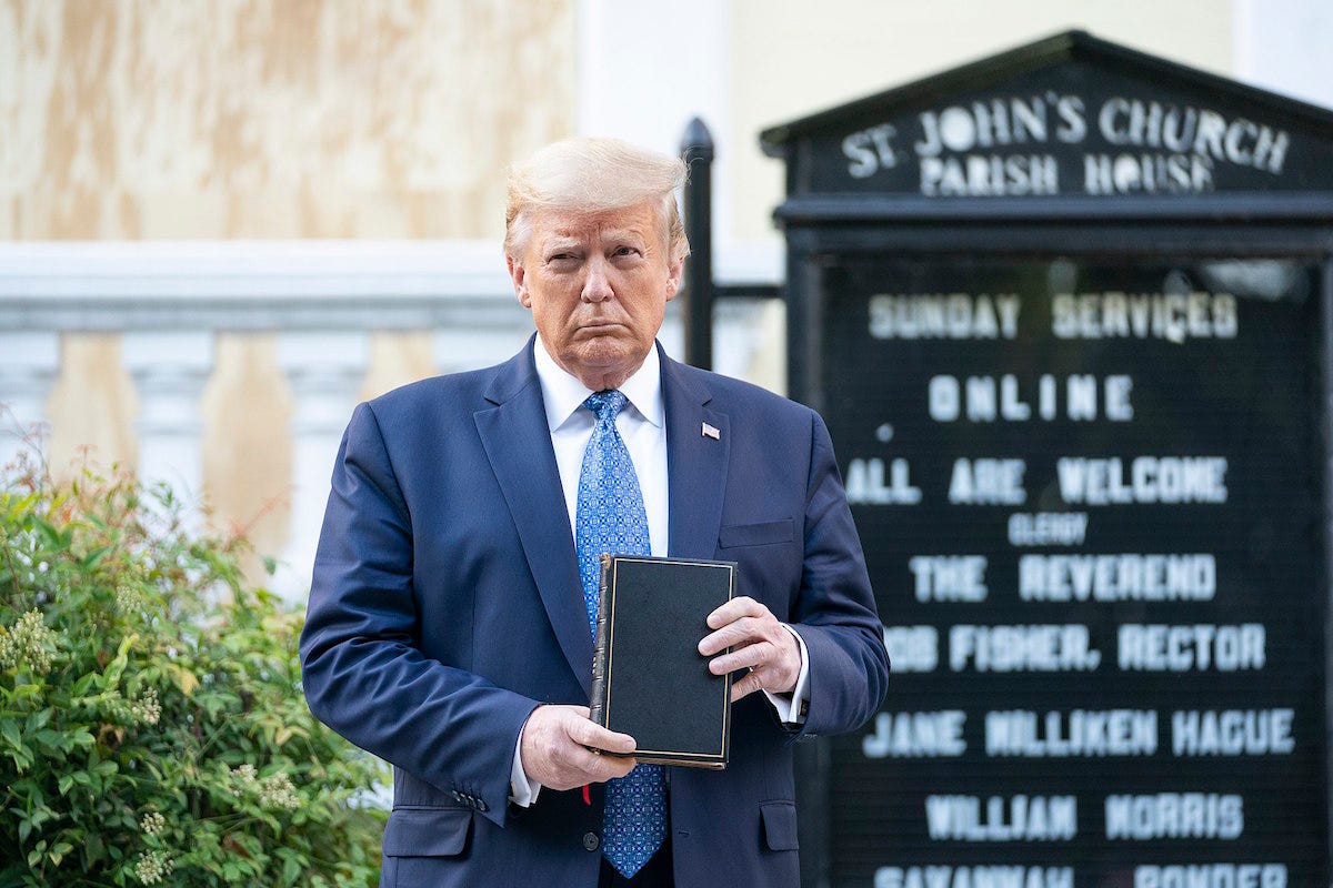 President Donald J. Trump stages a photo op in front of St. John’s Episcopal Church after violently clearing protestors in nearby Lafayette Square Sunday evening, June 1, 2020. (Official White House Photo by Shealah Craighead)