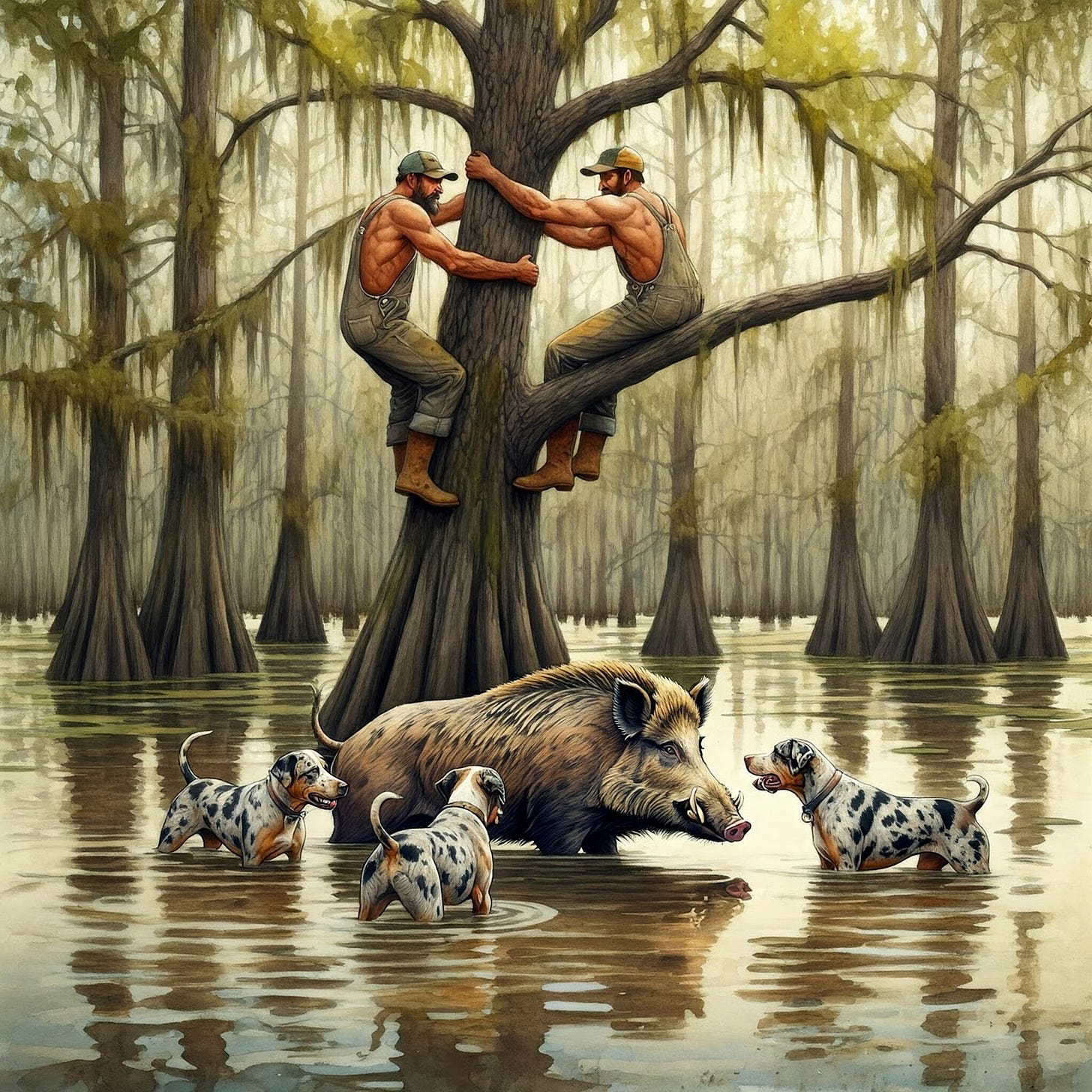 Image of two hunters treed by a wild board Image of two hunters treed by a wild board