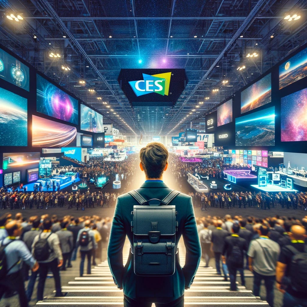 A person resembling a tech enthusiast walks into the CES tech conference in Las Vegas. The view is from behind, showing the expansive and inspiring conference in front of him. The scene is filled with future technologies, showcasing a vibrant and colorful atmosphere. The conference is bustling with innovative displays, cutting-edge gadgets, and a crowd of attendees excited about the latest tech developments. The setting reflects the dynamic and forward-looking spirit of the tech industry.