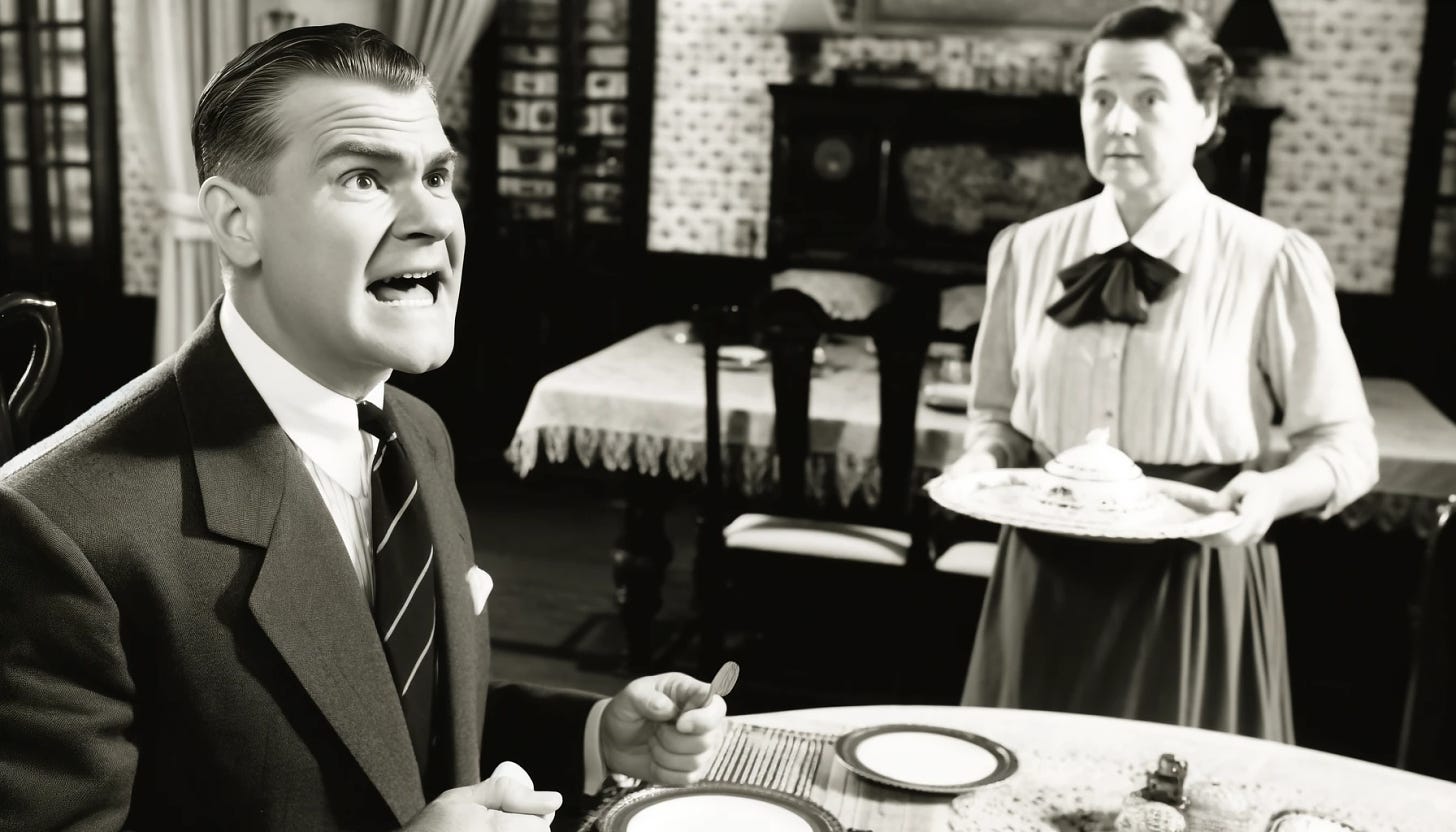 A dining room scene featuring a man shouting at a woman who has just served him a plate of food. The man is middle-aged, wearing a business suit, and appears agitated. The woman, also middle-aged, is dressed in a simple blouse and skirt, holding a serving tray with a shocked expression. The background shows a traditional dining room with a large wooden table and chairs, tastefully decorated. The image should be in a wide aspect ratio.