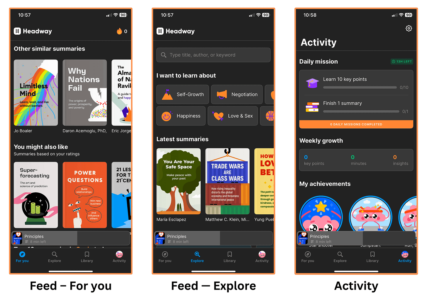 Headway's mobile interface (dark mode)