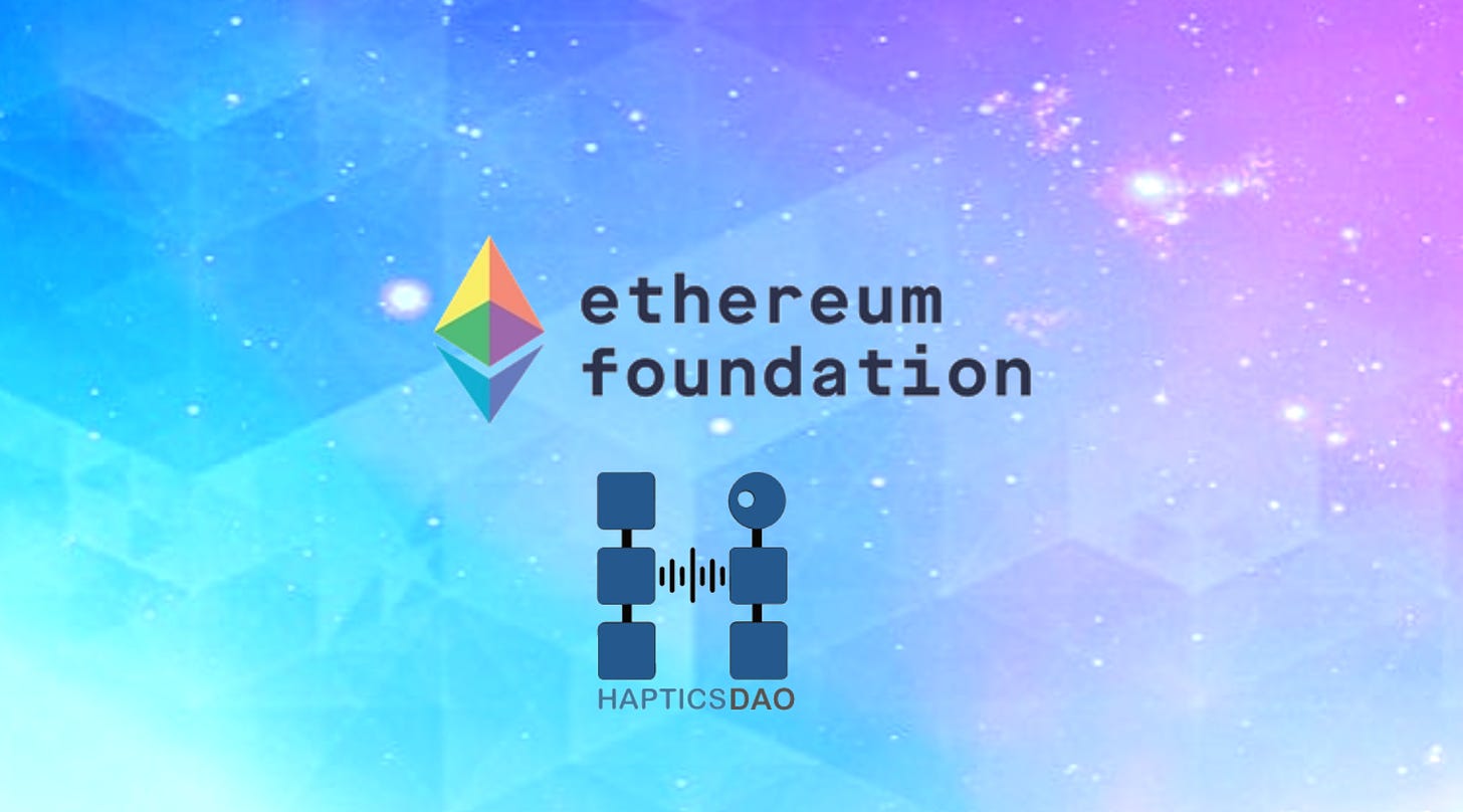 Pink and blue gradient background photo. The Ethereum Foundation logo consists of a diamond like shape formed by a three-dimensional pyramid sitting above an arrow pointing downwards.  The Haptics DAO logo is in the shape of the letter H with the left pillar resembling a blockchain and the right pillar resembling a person. The two pillars of the H are connected by voice waves to symbolize the voice commands of Haptics DAO.