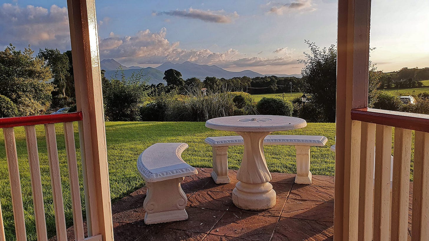 An evening view from inside the gazebo