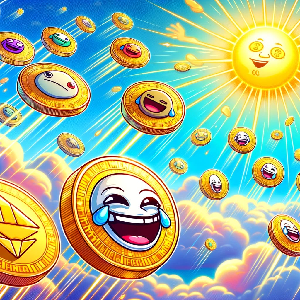 Illustration for a blog post titled 'Solana Memecoin Airdrops'. The image shows a bright, sunny sky with digital coins raining down like airdrops. Among the coins, there are cartoonish, playful meme-inspired designs, each representing different memecoins. The coins are shining and gleaming as they descend. In the background, a simplified, stylized representation of the Solana logo, a sunburst, is prominently displayed, glowing in the sunny sky. The overall tone is vibrant and colorful, symbolizing the energy and excitement around cryptocurrency airdrops.