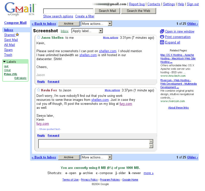 Gmail at launch, April 2004 Gmail at launch, April 2004