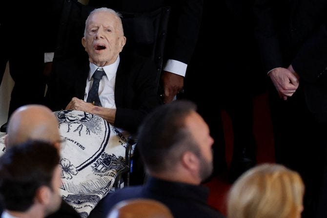 Former President Jimmy Carter <a href="https://www.cnn.com/us/live-news/rosalynn-carter-tribute-service-tuesday-11-28-23/h_a5041efb56df2036b9d275c9d8cf2fd2" target="_blank">attends his wife's tribute service</a> in November 2023. Carter, who is 99 and receiving hospice care at home, had been expected﻿ to attend. His grandson Jason Carter told CNN "we all know that he wouldn't miss it for the world."