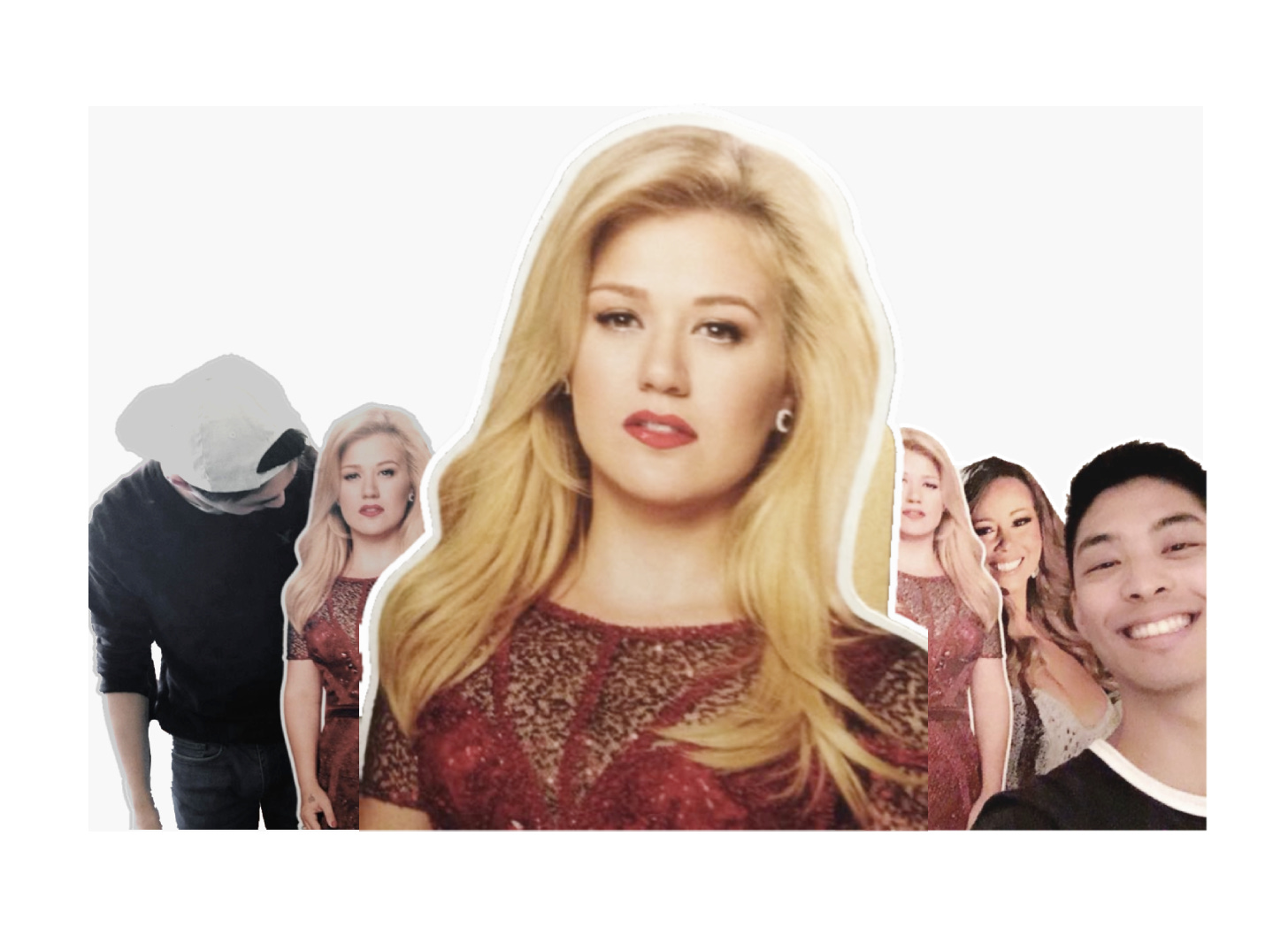 collage image of myself with my various cardboard celebrity standees, including Kelly Clarkson and Mariah Carey