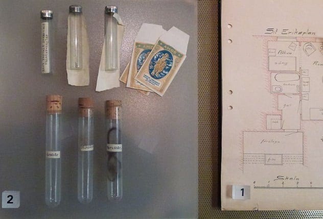 Evidence samples found at the crime scene on display at the Stockholm Police Museum