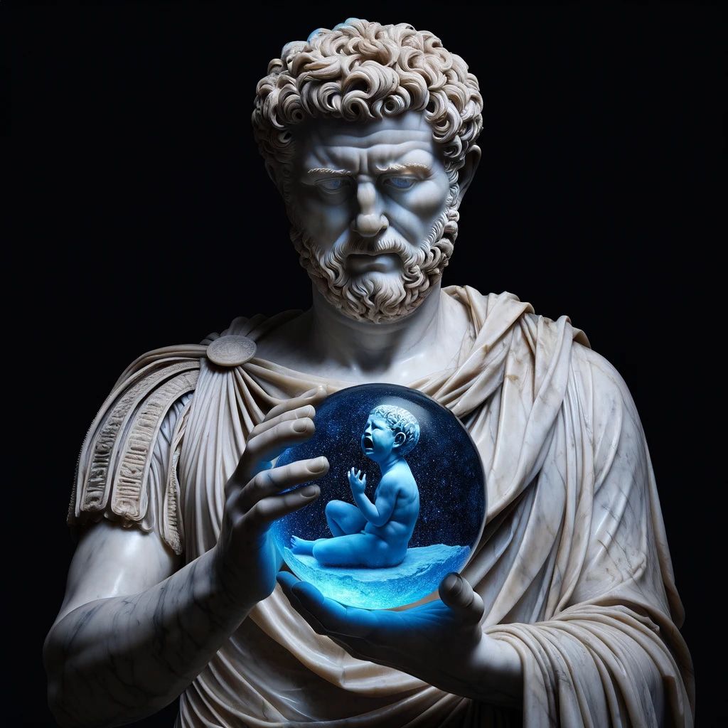 A marble sculpture of Marcus Aurelius holding a blue, shimmering sphere. He is looking at the sphere with a curious expression. The sphere contains a faint depiction of a young, crying Marcus Aurelius. Marcus himself does not show emotion but appears intrigued. The sculpture is set against a black background.