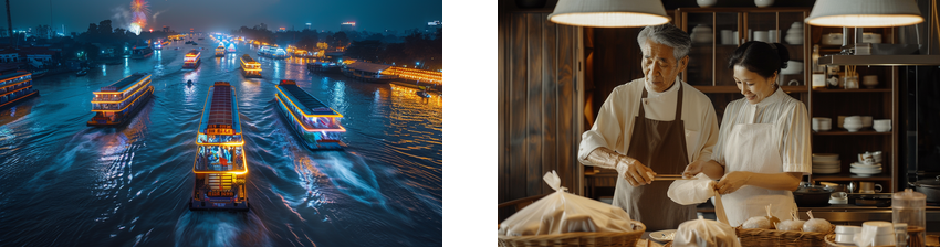Two side-by-side images: the left shows brightly lit boats on a river at night; the right shows an elderly man and woman in a warmly lit kitchen preparing food together.