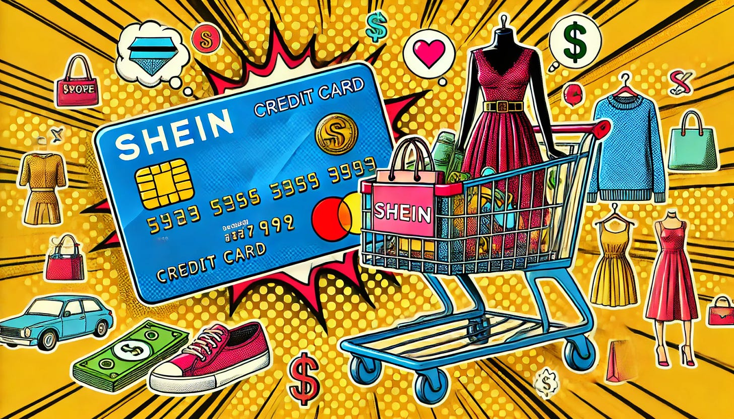 A vibrant pop-art style illustration featuring a shopping cart with fashion items from SHEIN, alongside a large credit card. The illustration should evoke a sense of choice between fashion and debt, with icons representing both money and fashion trends. The credit card should prominently feature, but avoid clutter. A 16:9 format should be used.