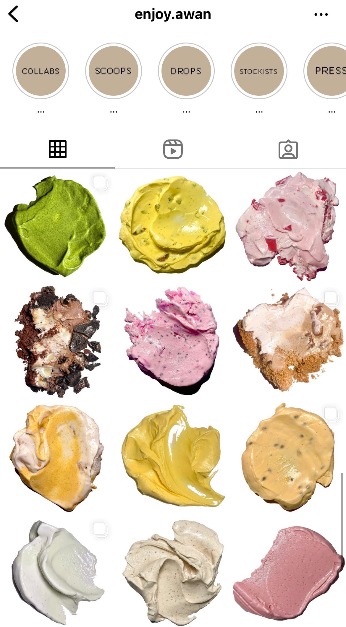 Instagram grid where each post has a silo'd ice cream scoop