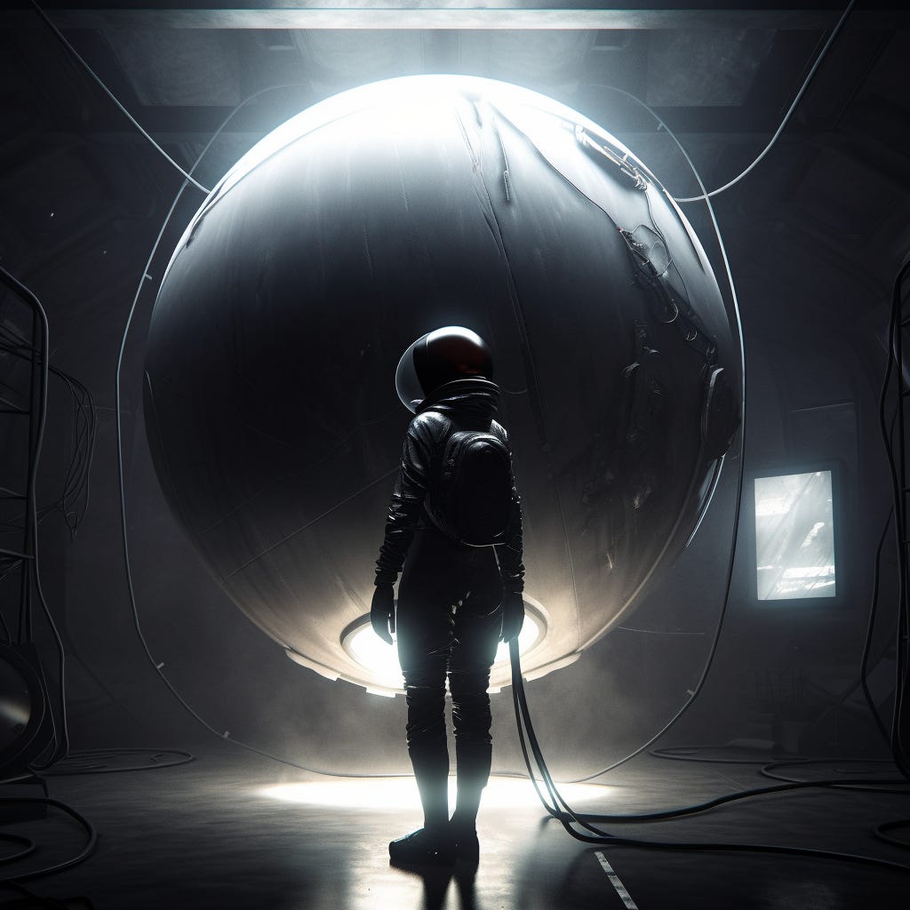 The egg is a dark, ominous color and seems to pulse with an eerie glow. The astronaut’s suit is white and bulky, with various hoses and wires snaking out of it. She stands in a dimly lit, cavernous room, with shadows dancing on the walls around her. The mist is thick and billowy, obscuring her vision and making it difficult to breathe. It smells like damp earth and something else, something vaguely metallic and acrid. The goo is a sickly yellow-green color and oozes out of the egg